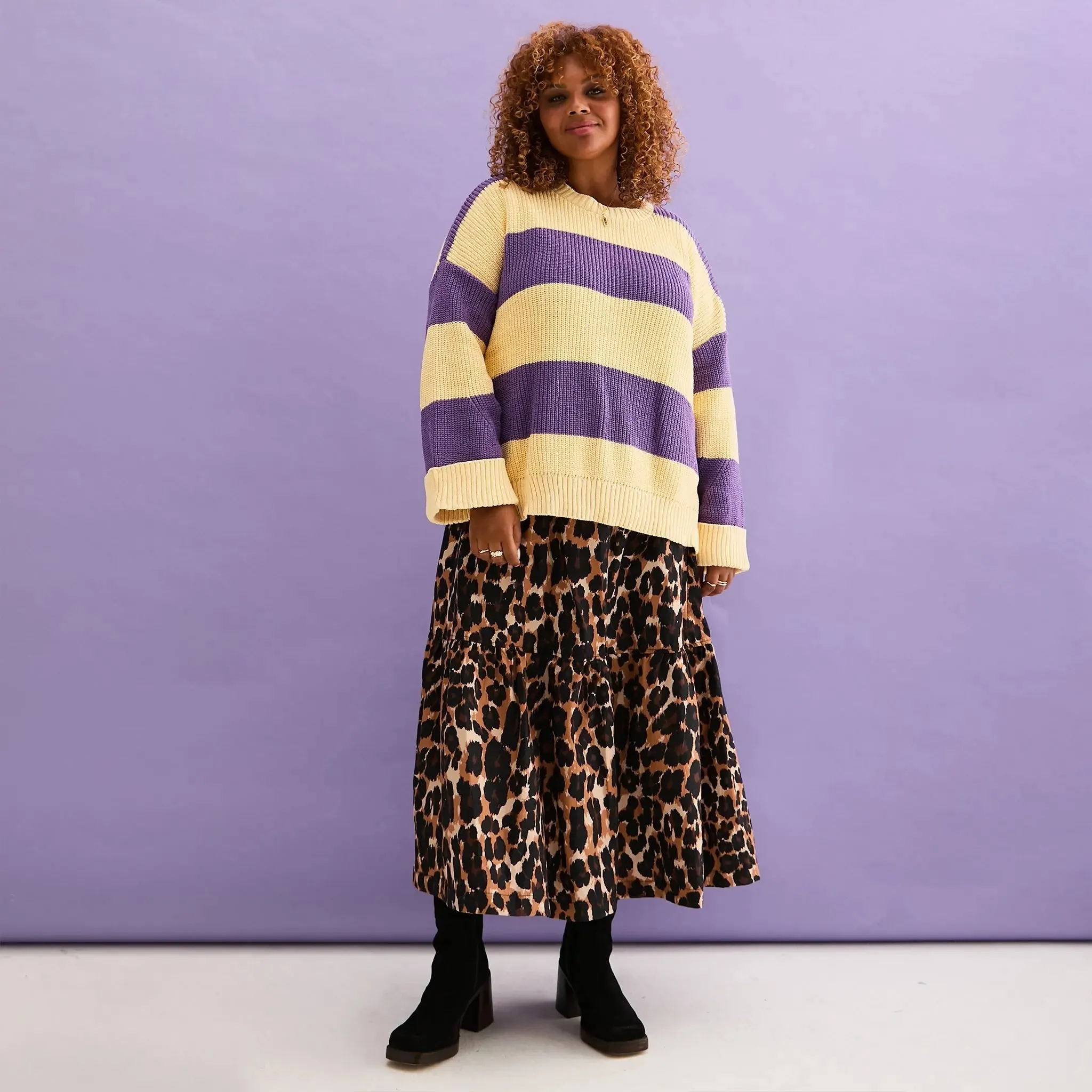 Rhiannon Recycled Cotton Mix Stripe Jumper - Purple and Yellow