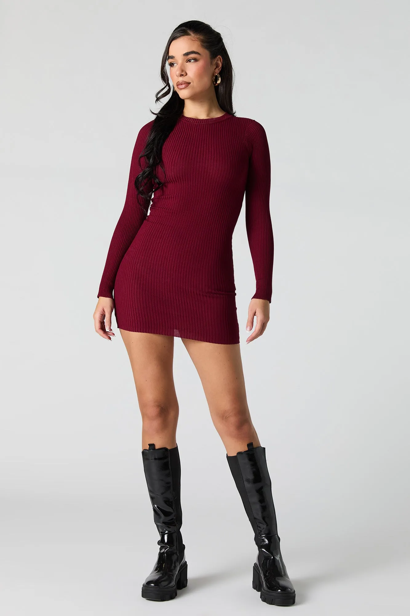 Ribbed Knit Long Sleeve Mini Sweater Dress