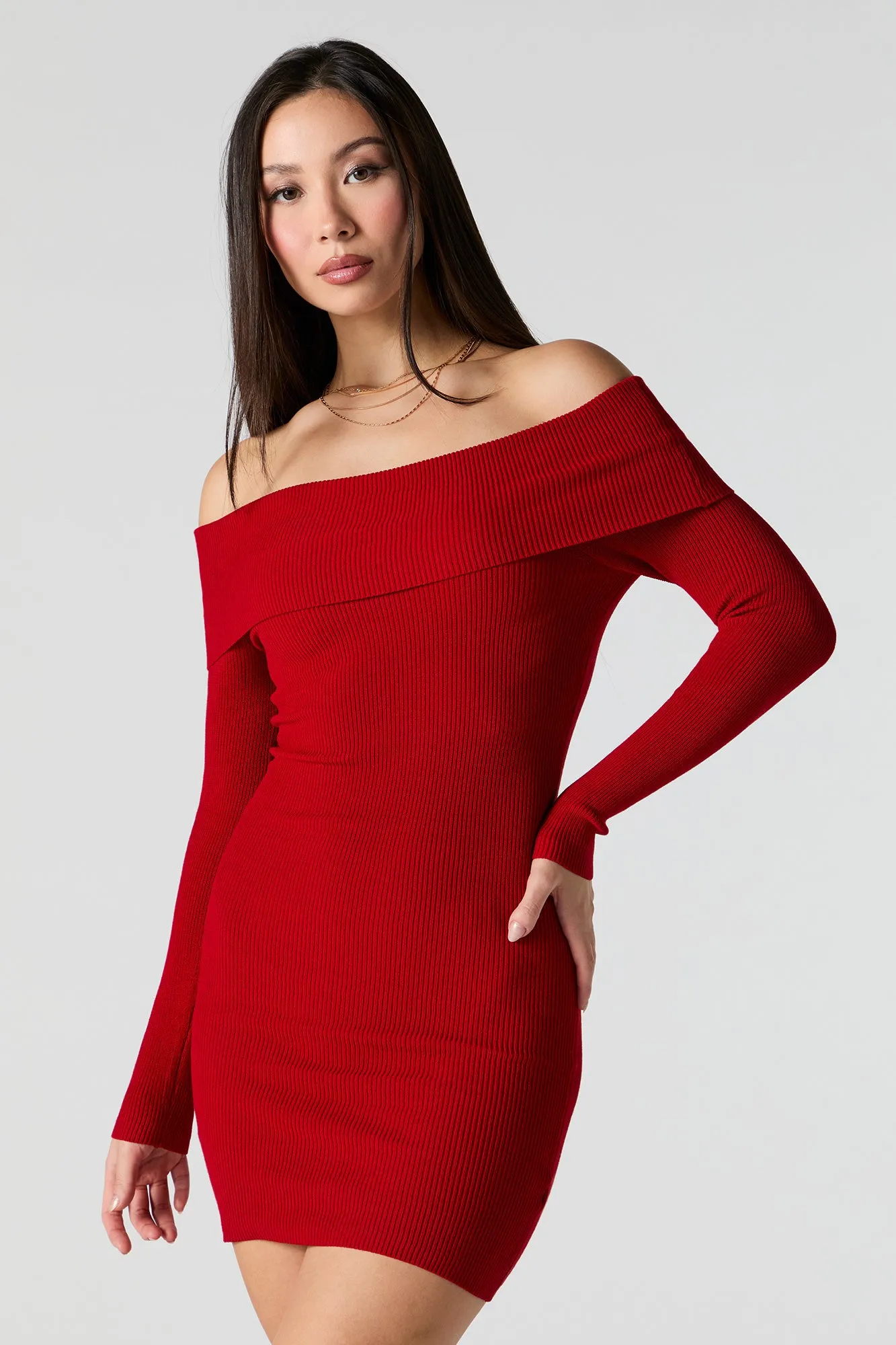 Ribbed Knit Off Shoulder Mini Sweater Dress