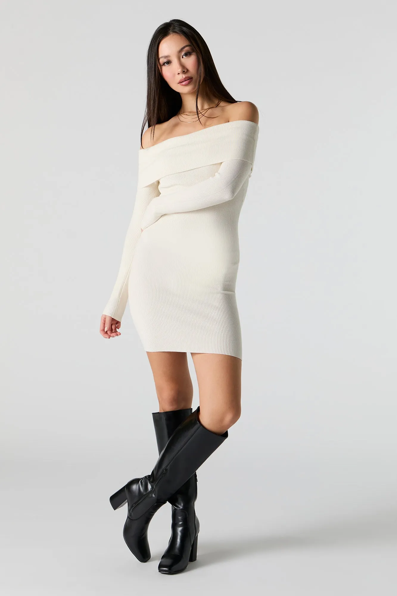 Ribbed Knit Off Shoulder Mini Sweater Dress