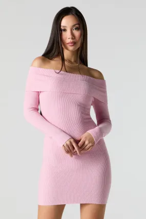 Ribbed Knit Off Shoulder Mini Sweater Dress