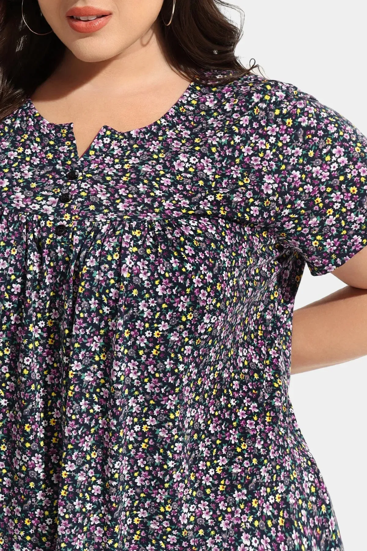 Ritera Allover Floral Notched V Neck Button Up Pleated Tunic T-Shirt