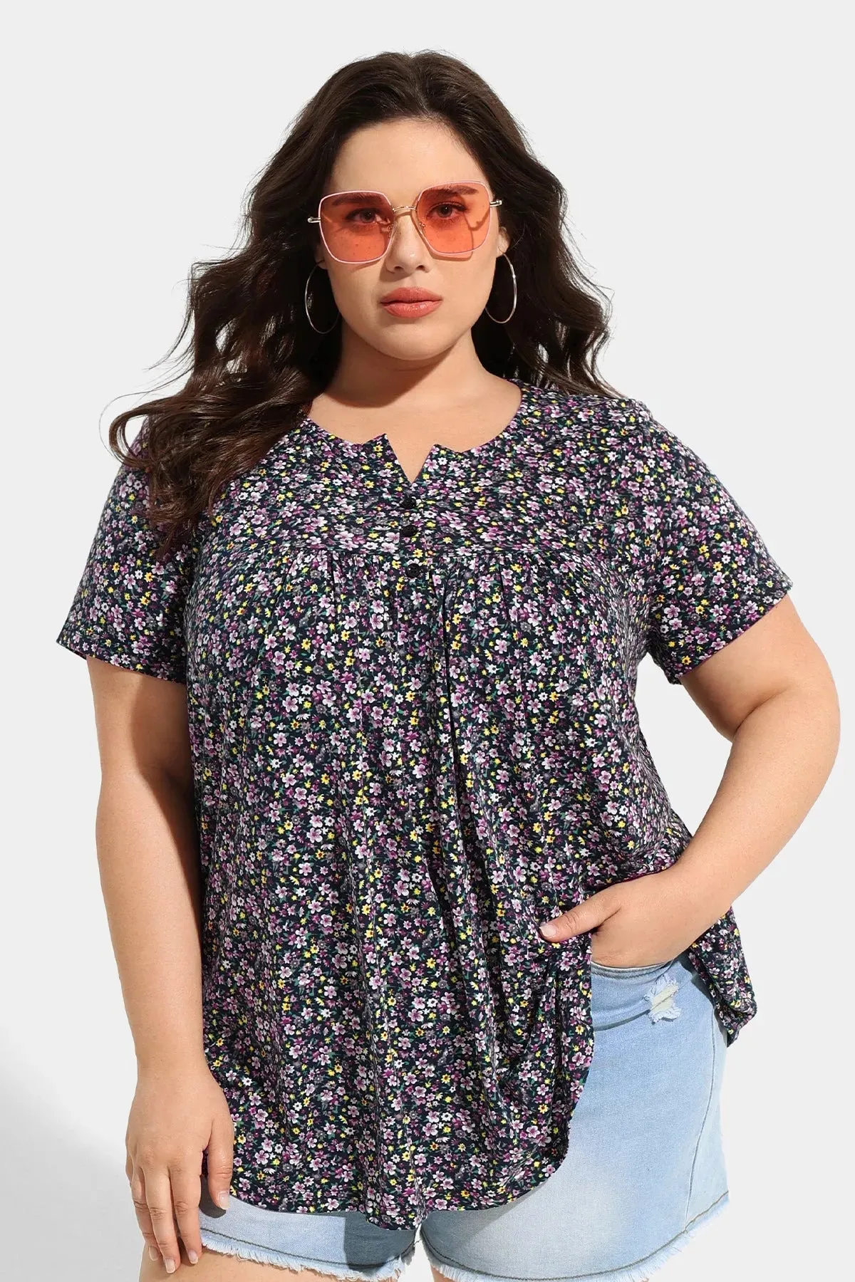 Ritera Allover Floral Notched V Neck Button Up Pleated Tunic T-Shirt