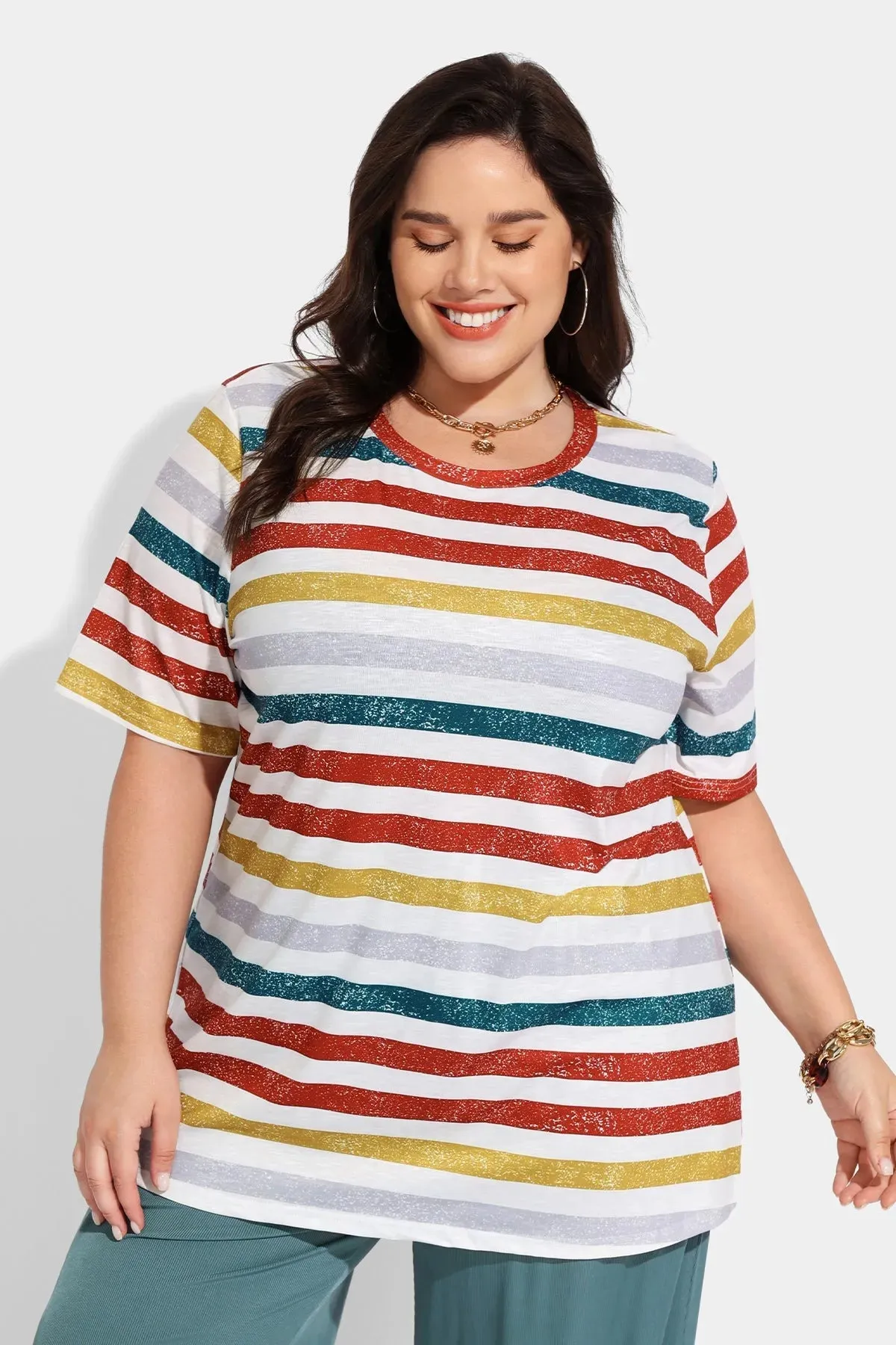 Ritera Contrast Rainbow Stripe Loose Tunic Tee