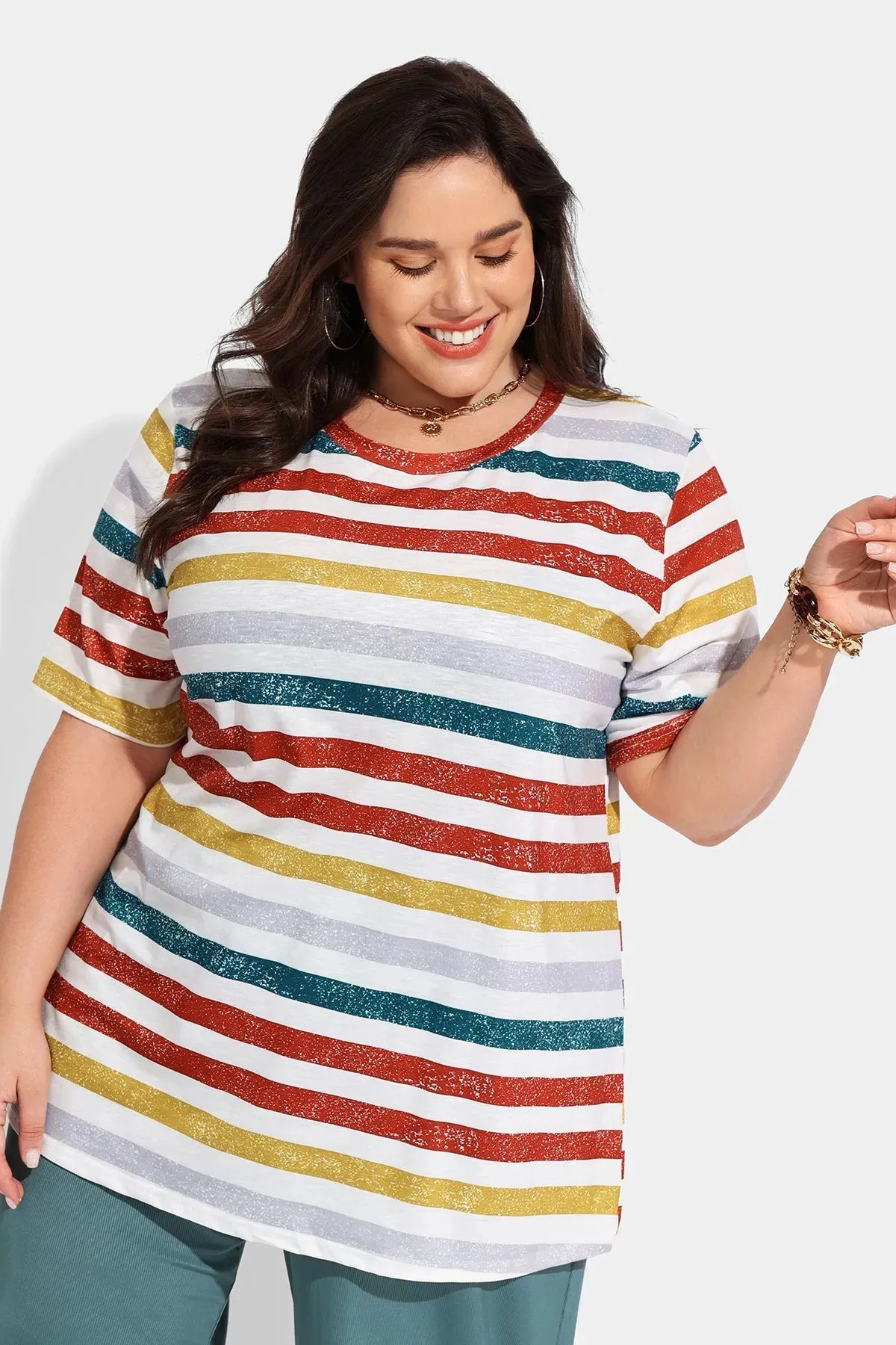 Ritera Contrast Rainbow Stripe Loose Tunic Tee