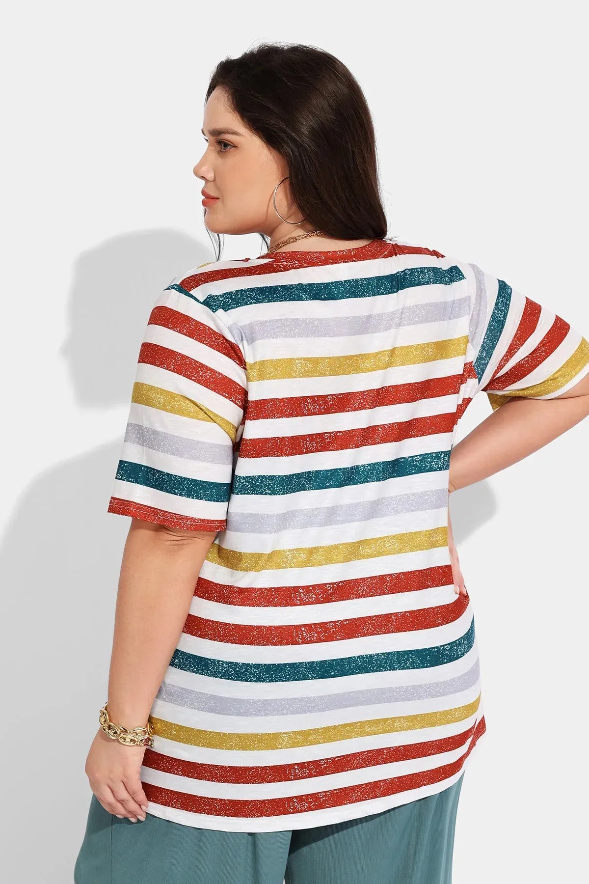 Ritera Contrast Rainbow Stripe Loose Tunic Tee