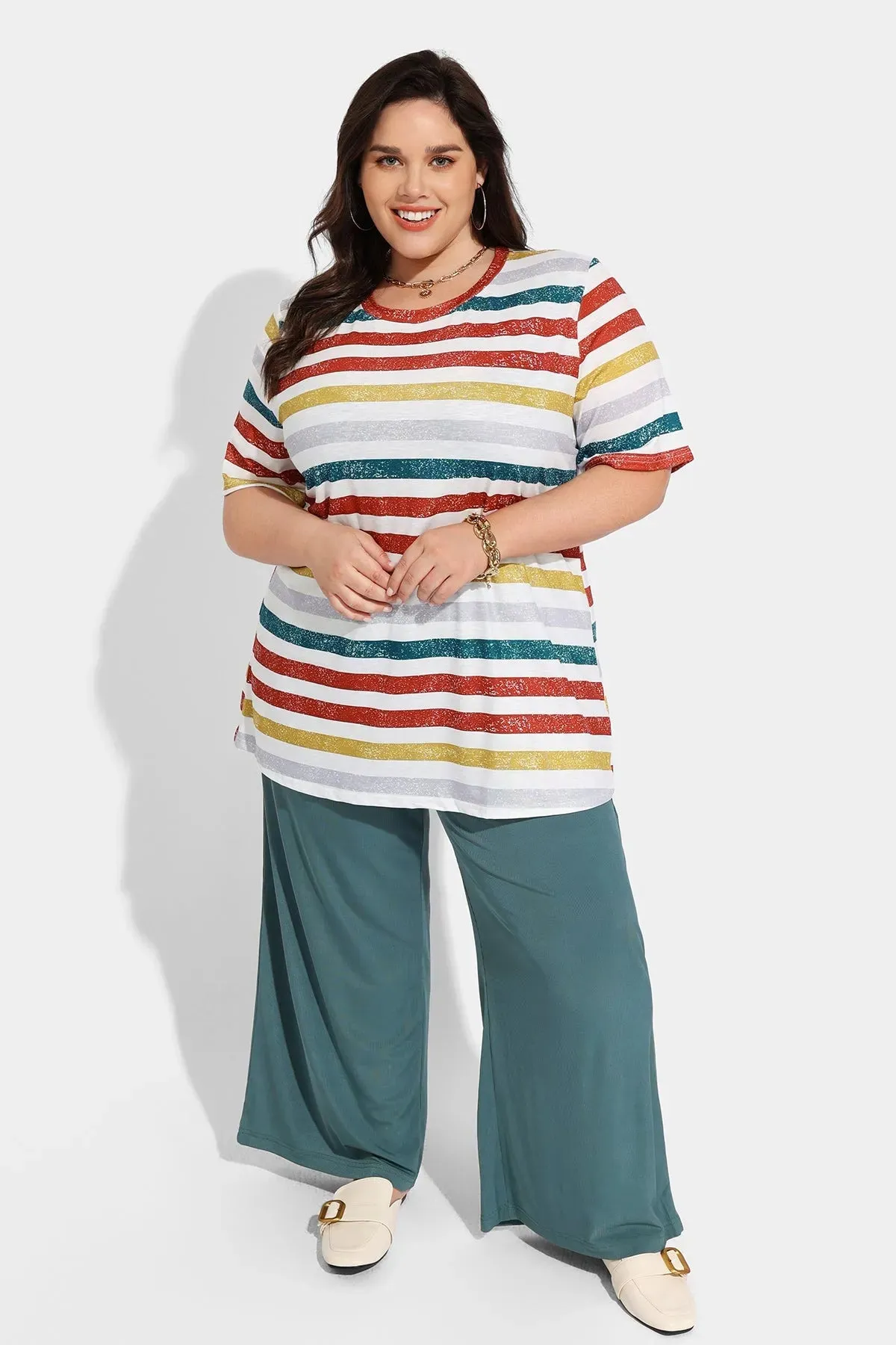 Ritera Contrast Rainbow Stripe Loose Tunic Tee