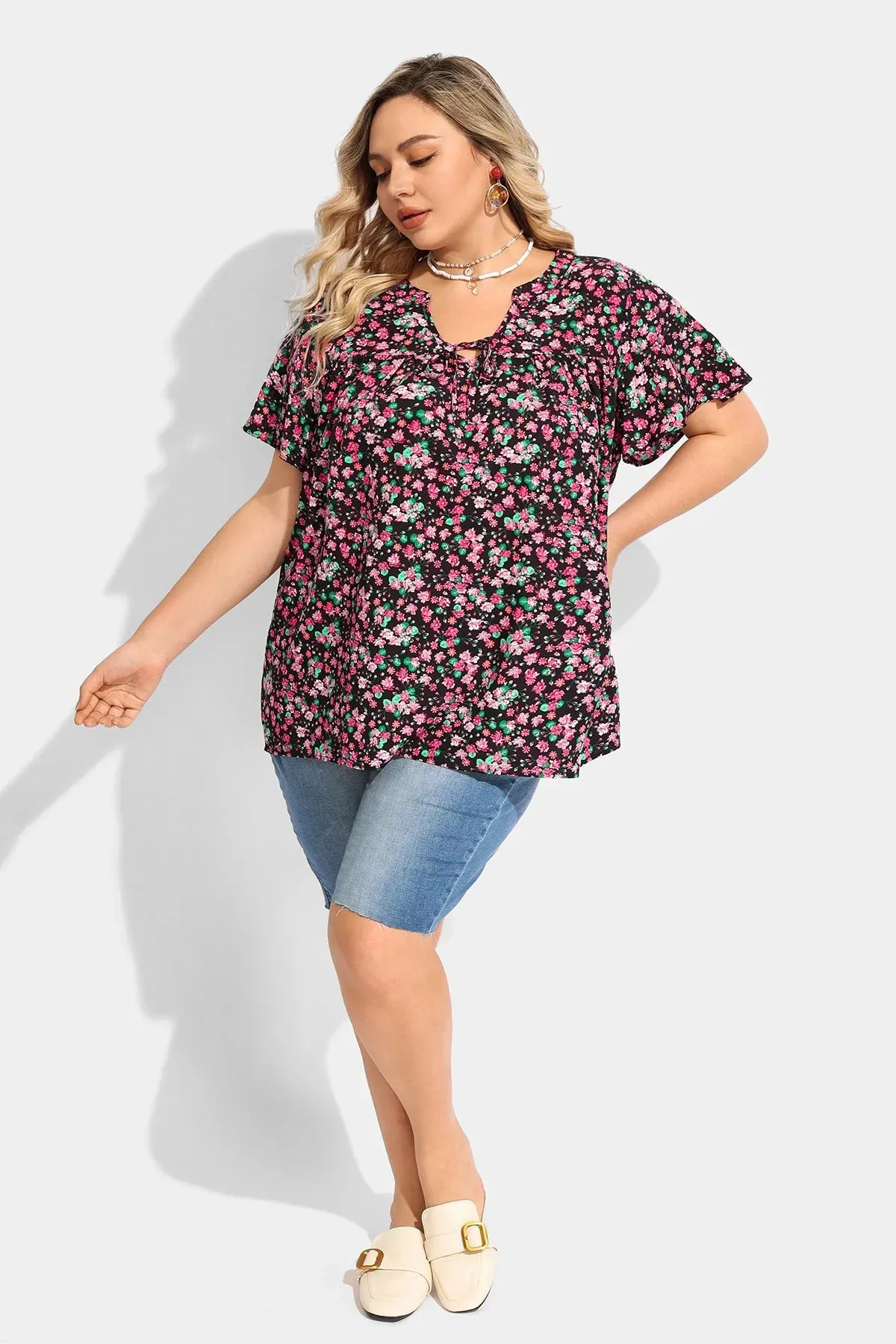 Ritera Floral Drawstring V Neck Blouse