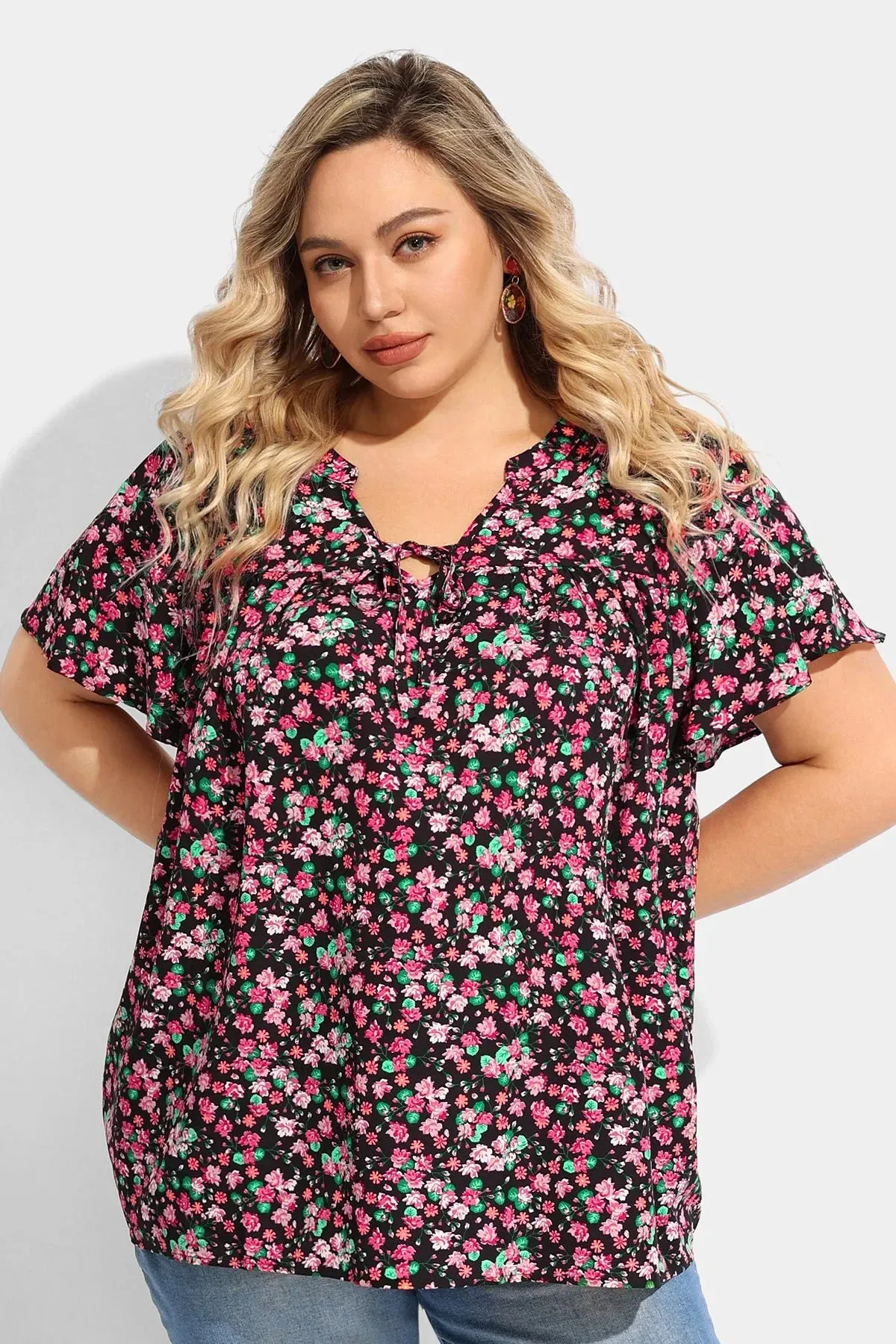 Ritera Floral Drawstring V Neck Blouse