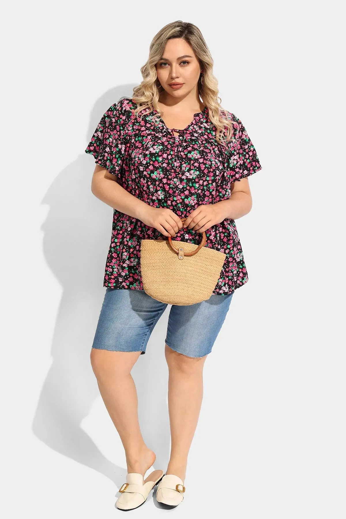 Ritera Floral Drawstring V Neck Blouse