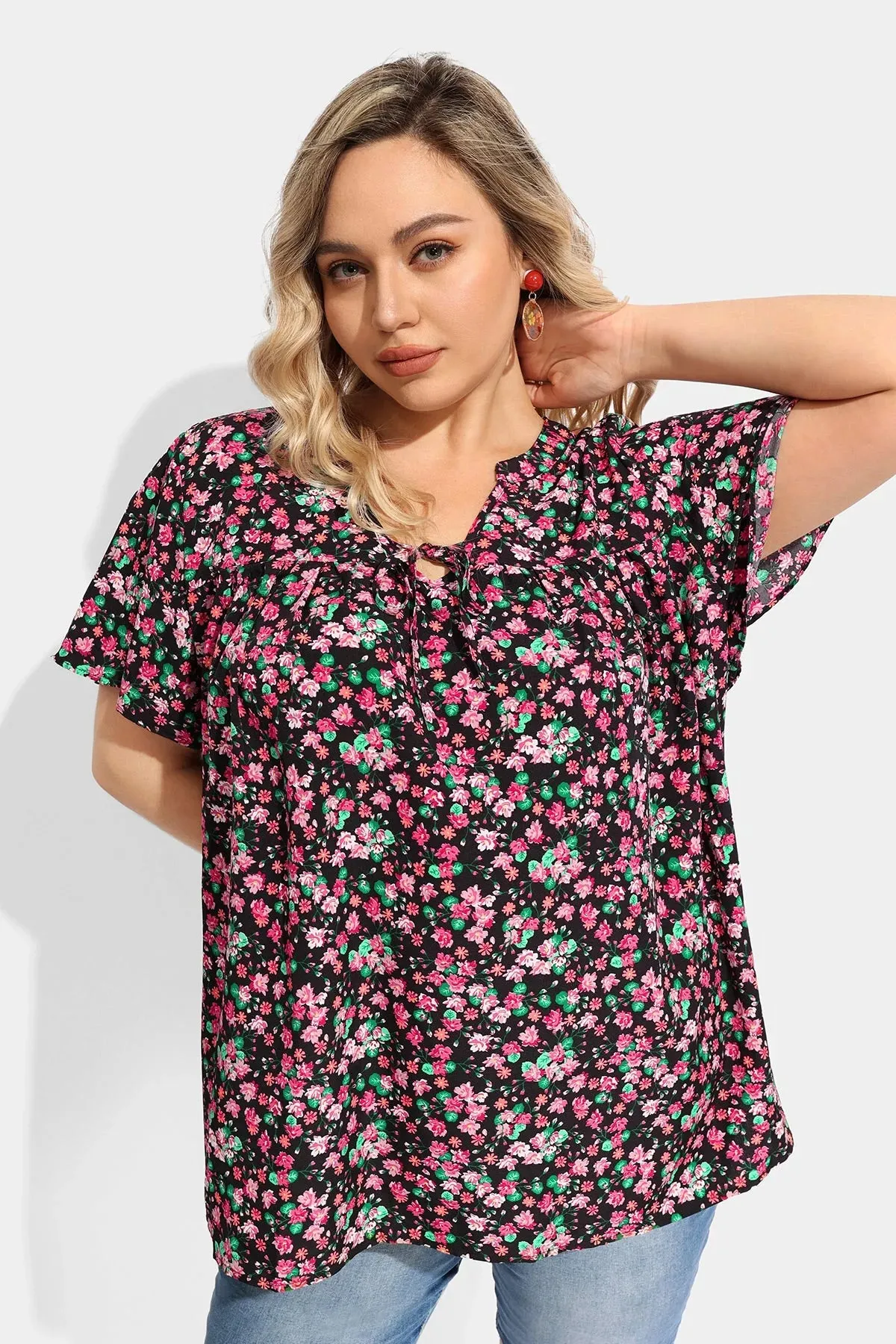 Ritera Floral Drawstring V Neck Blouse