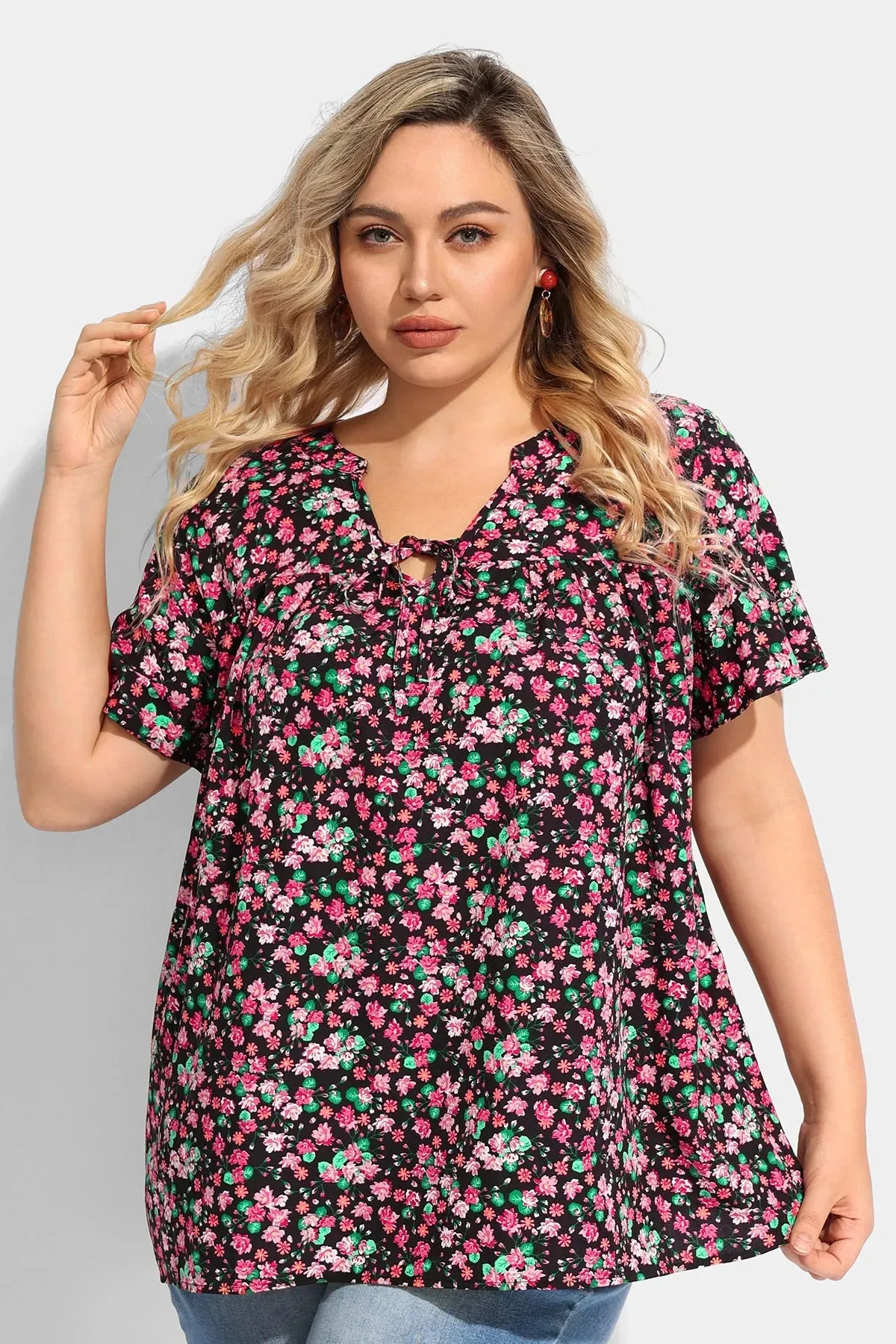 Ritera Floral Drawstring V Neck Blouse