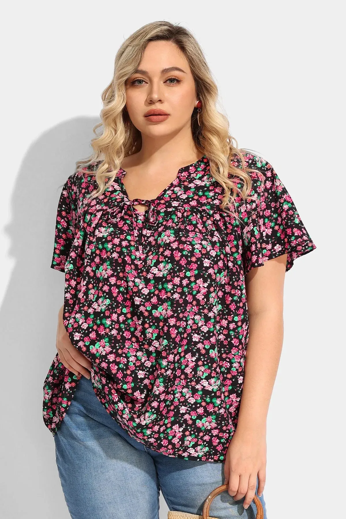 Ritera Floral Drawstring V Neck Blouse