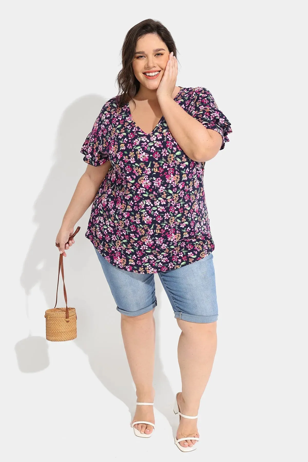 Ritera Floral Resort Outfit Ruffle Short Sleeve T-Shirt