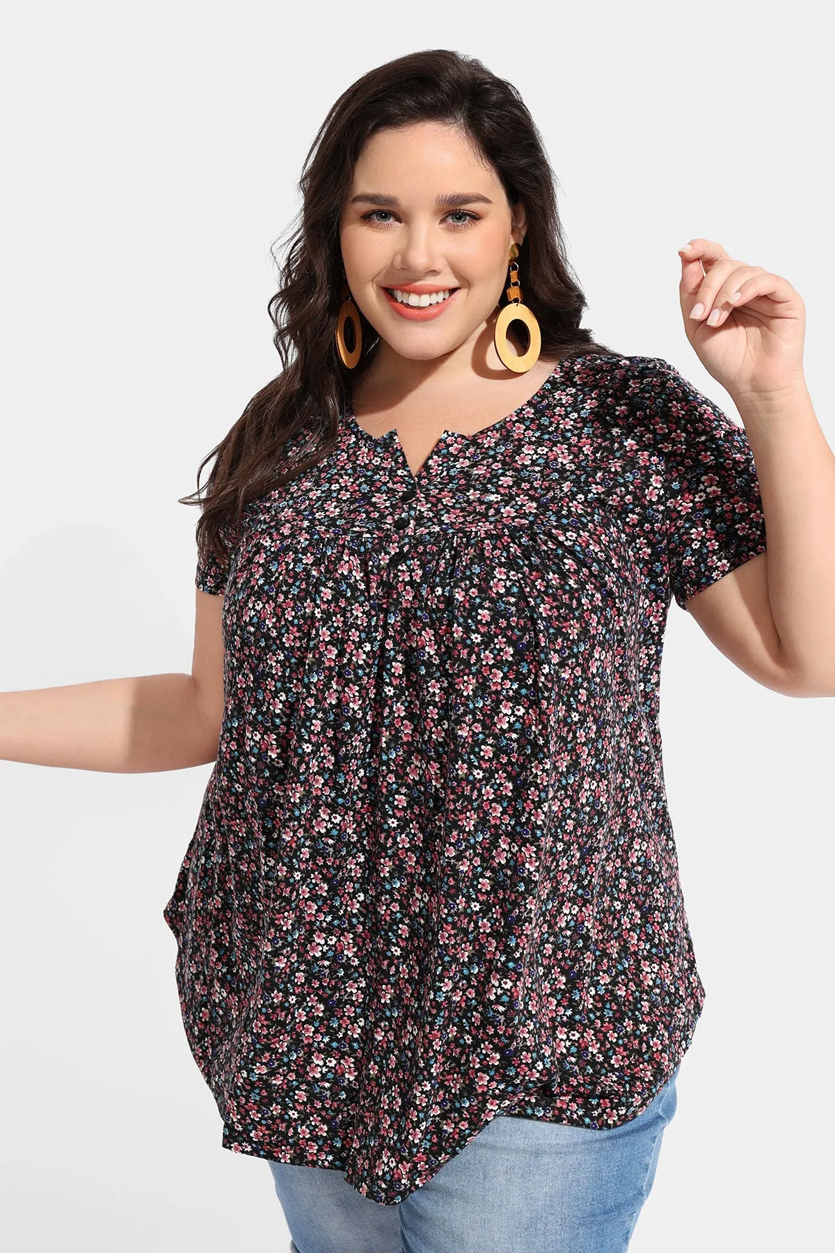 Ritera Floral Resort V Neck Button Up Tunic T-Shirt