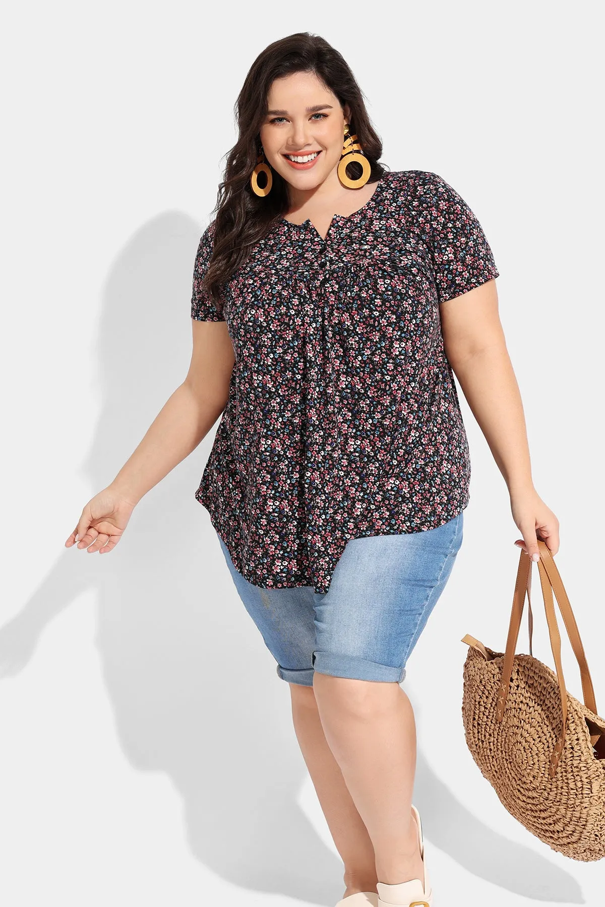 Ritera Floral Resort V Neck Button Up Tunic T-Shirt