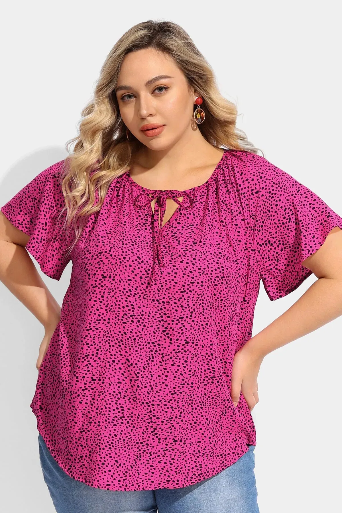 Ritera Polka Dot Drawstring Neckline Flowy Blouse