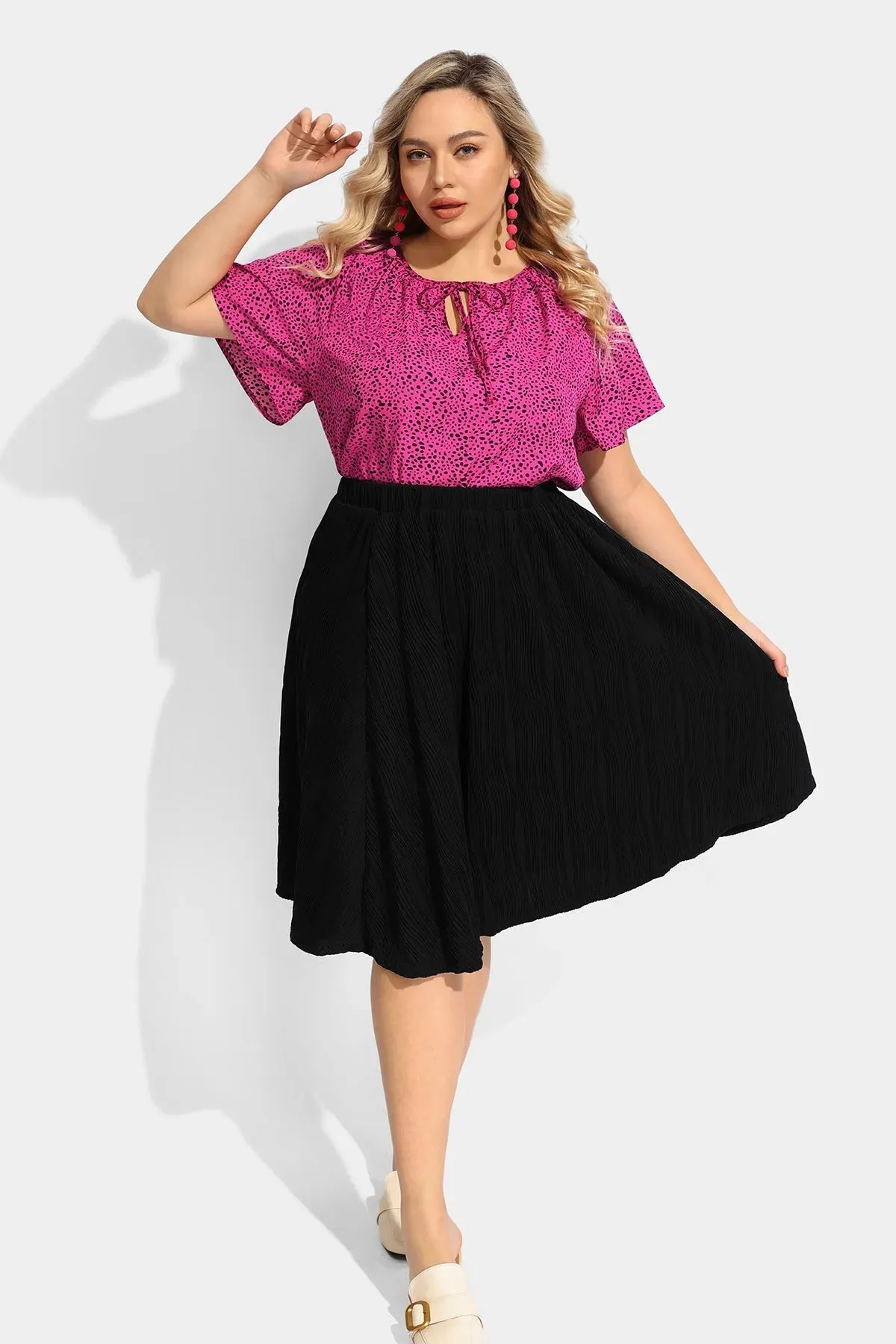 Ritera Polka Dot Drawstring Neckline Flowy Blouse