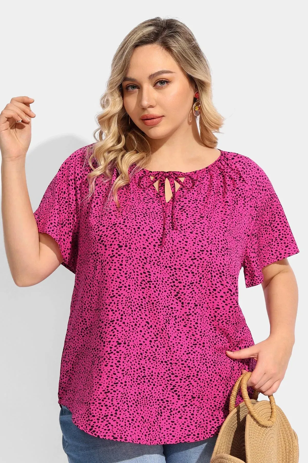 Ritera Polka Dot Drawstring Neckline Flowy Blouse