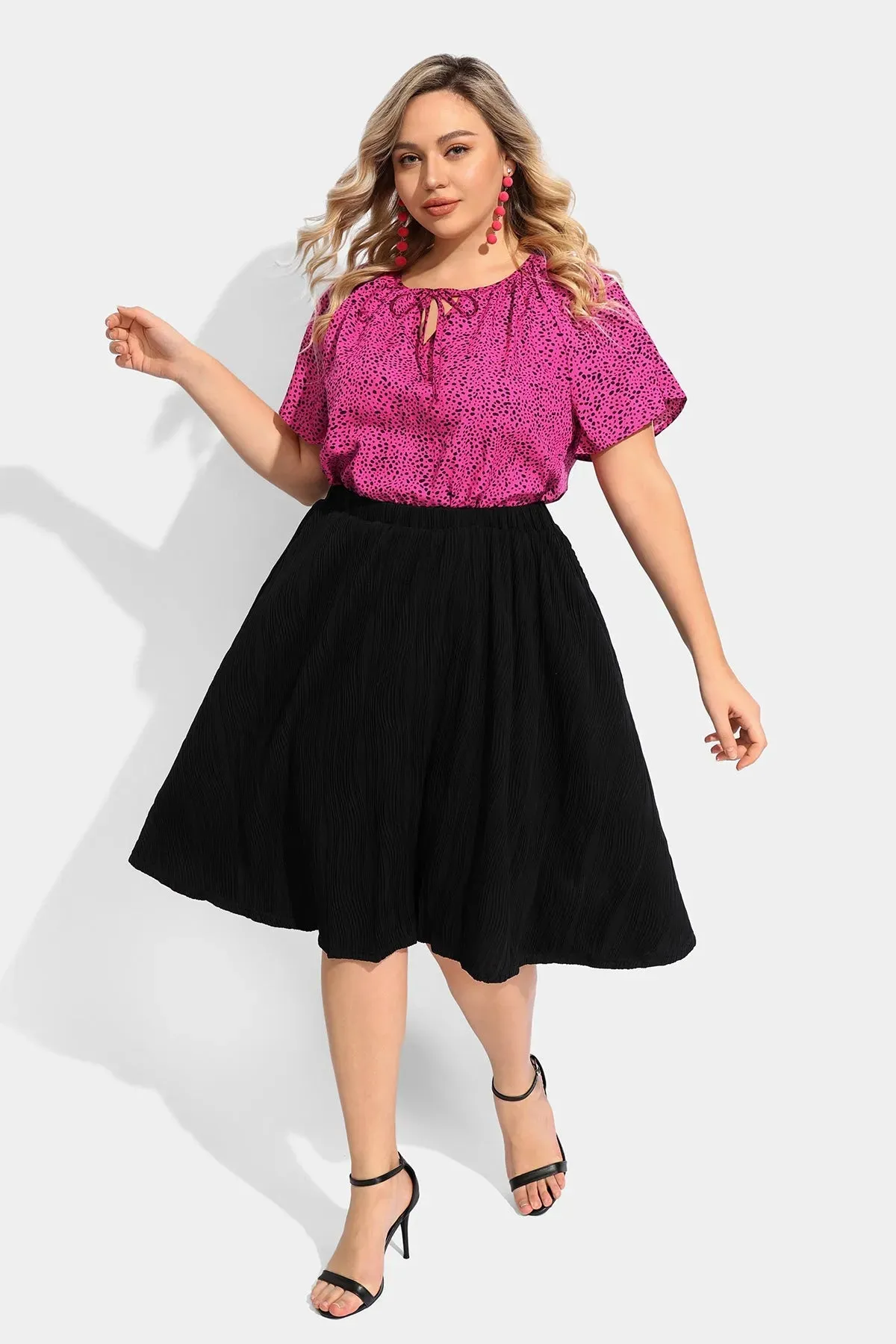 Ritera Polka Dot Drawstring Neckline Flowy Blouse