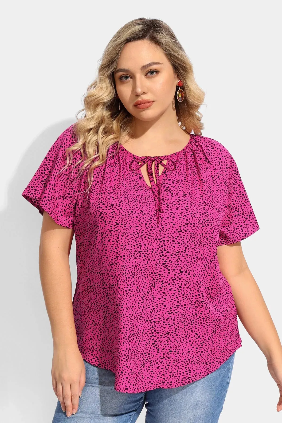 Ritera Polka Dot Drawstring Neckline Flowy Blouse