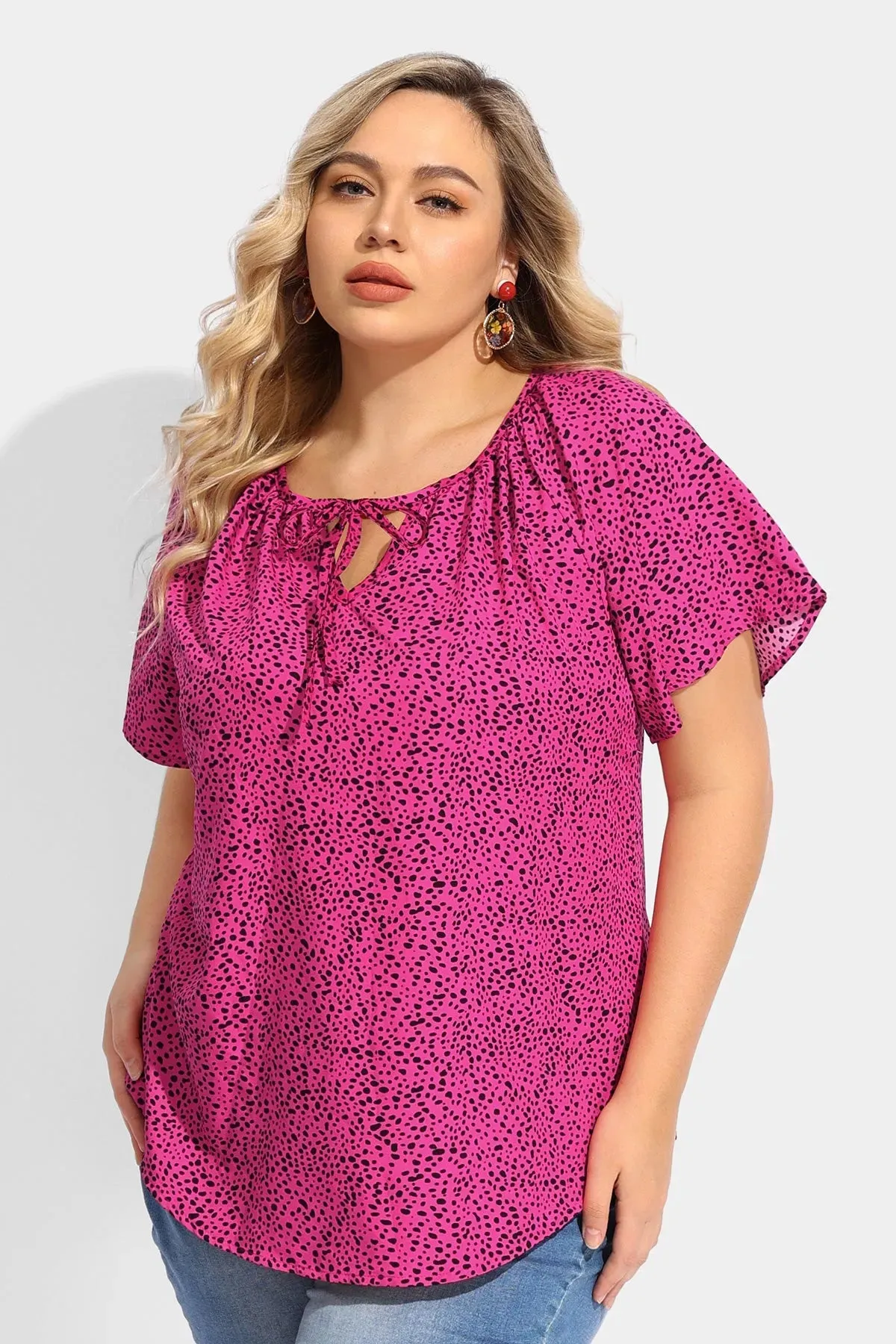 Ritera Polka Dot Drawstring Neckline Flowy Blouse