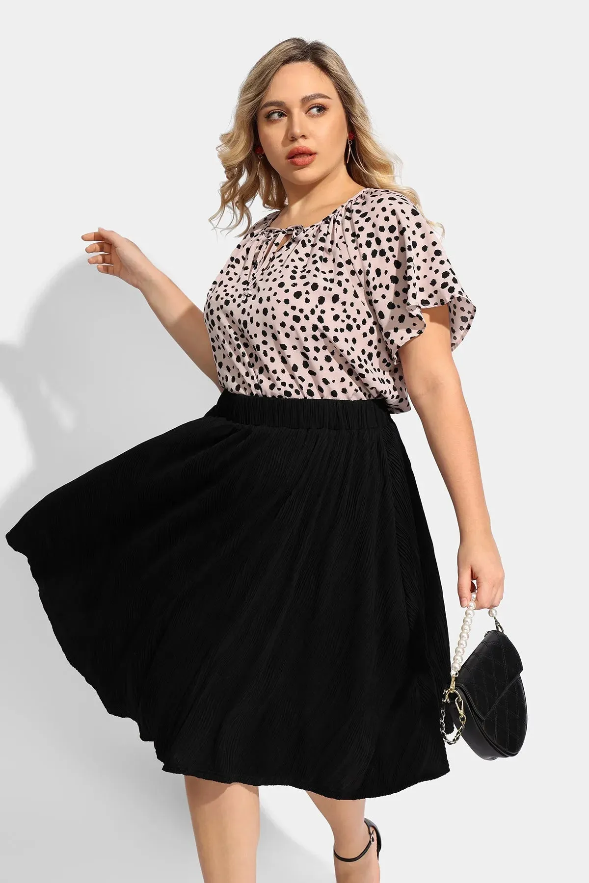 Ritera Polka Dot Drawstring Neckline Ruffle Sleeve Blouse