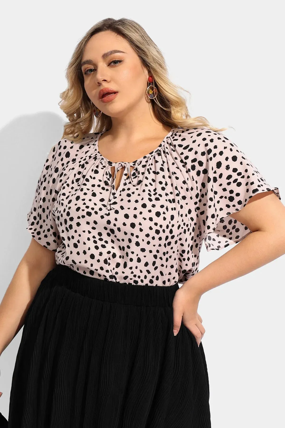 Ritera Polka Dot Drawstring Neckline Ruffle Sleeve Blouse