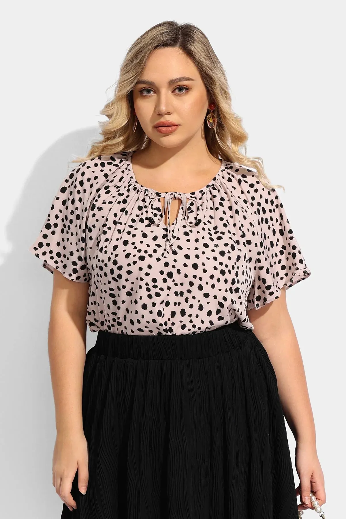 Ritera Polka Dot Drawstring Neckline Ruffle Sleeve Blouse