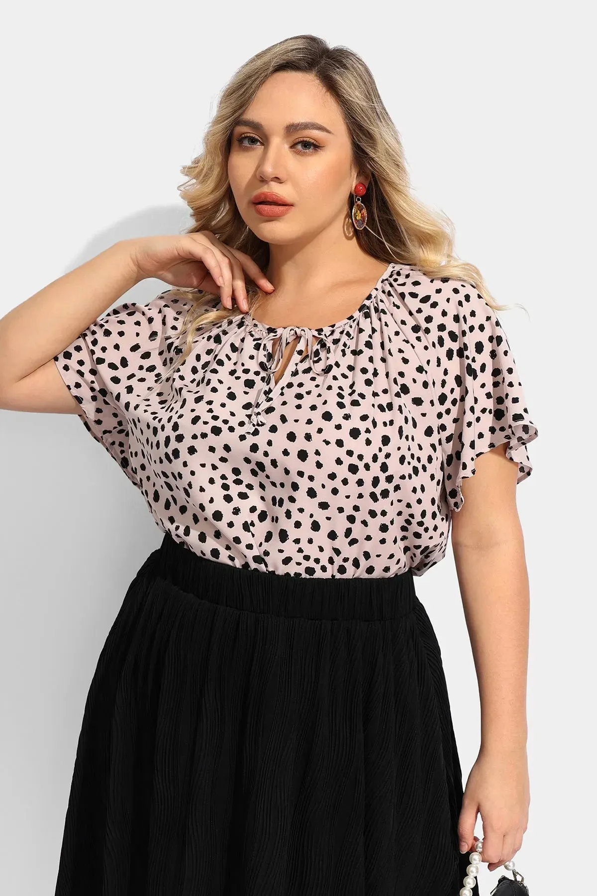 Ritera Polka Dot Drawstring Neckline Ruffle Sleeve Blouse