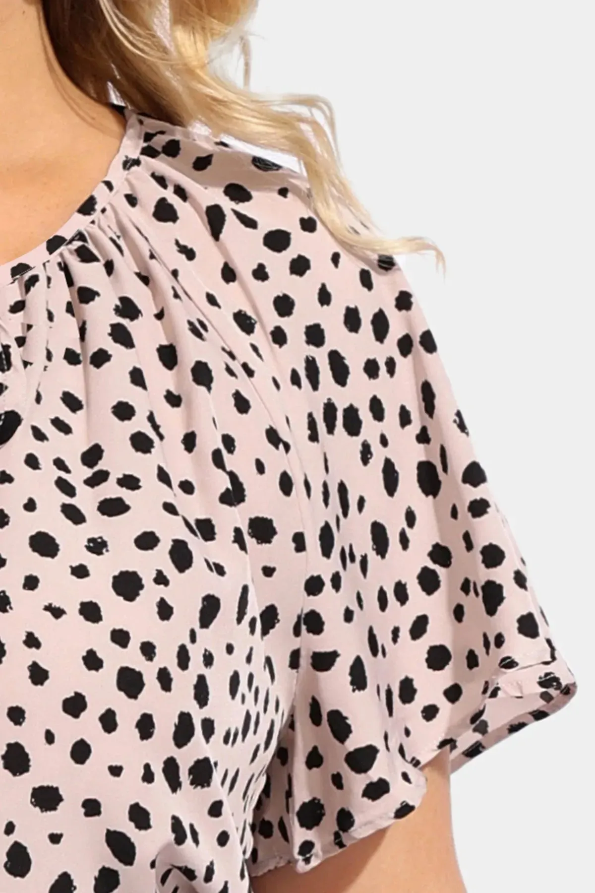 Ritera Polka Dot Drawstring Neckline Ruffle Sleeve Blouse