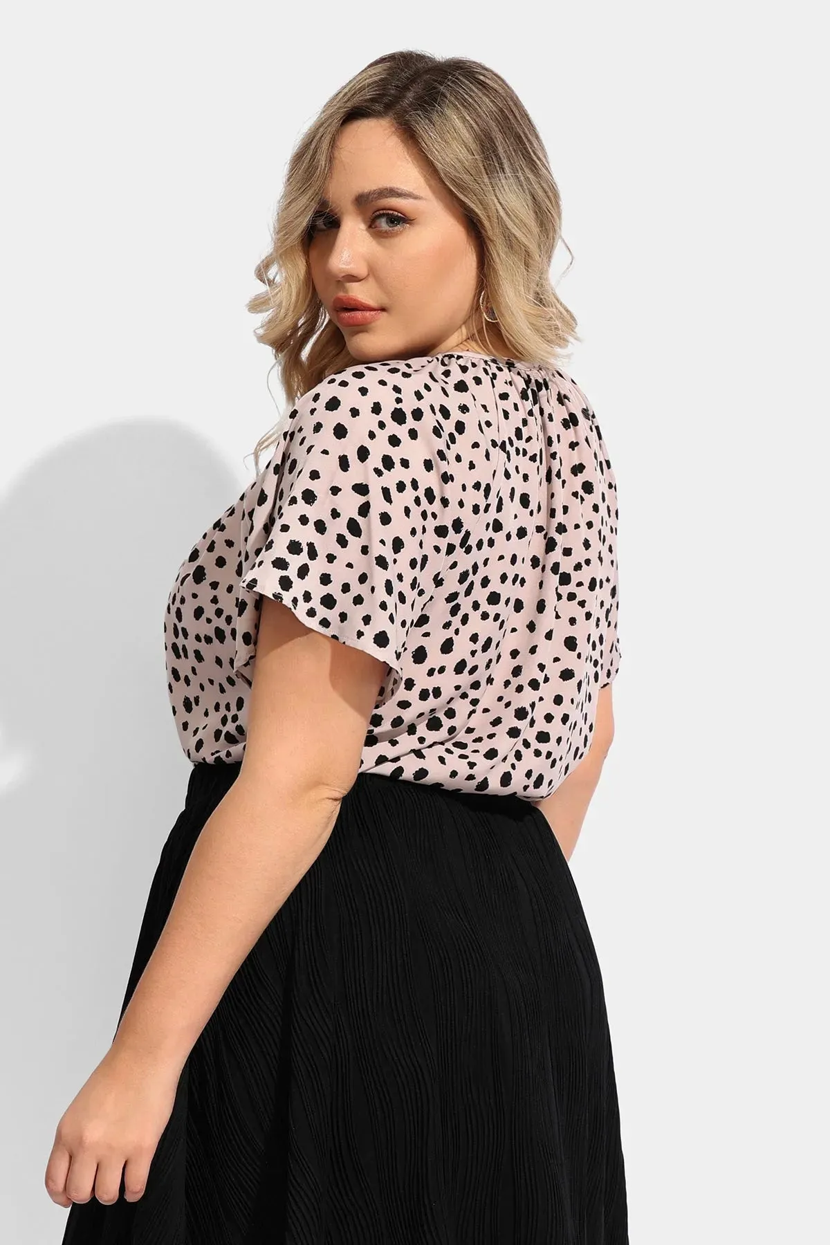 Ritera Polka Dot Drawstring Neckline Ruffle Sleeve Blouse