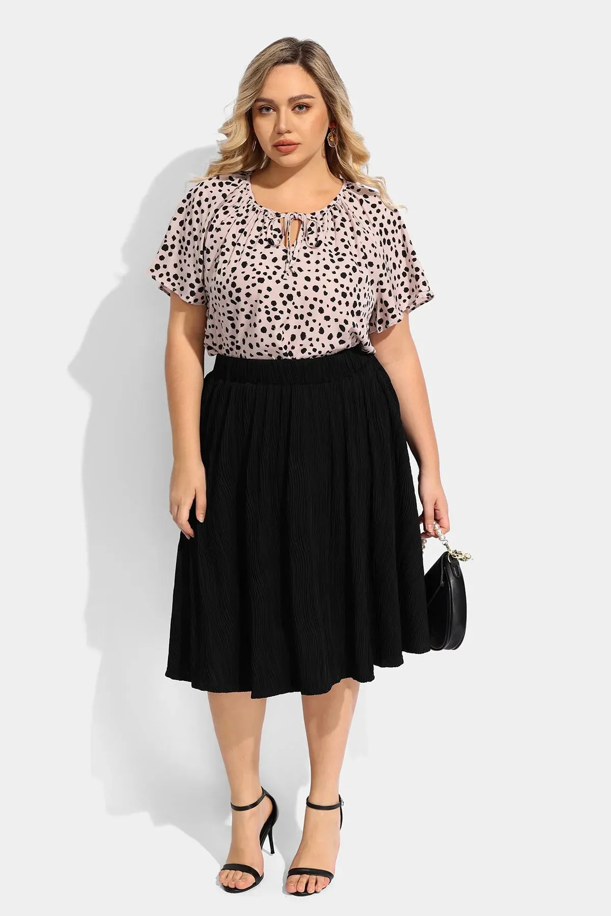 Ritera Polka Dot Drawstring Neckline Ruffle Sleeve Blouse