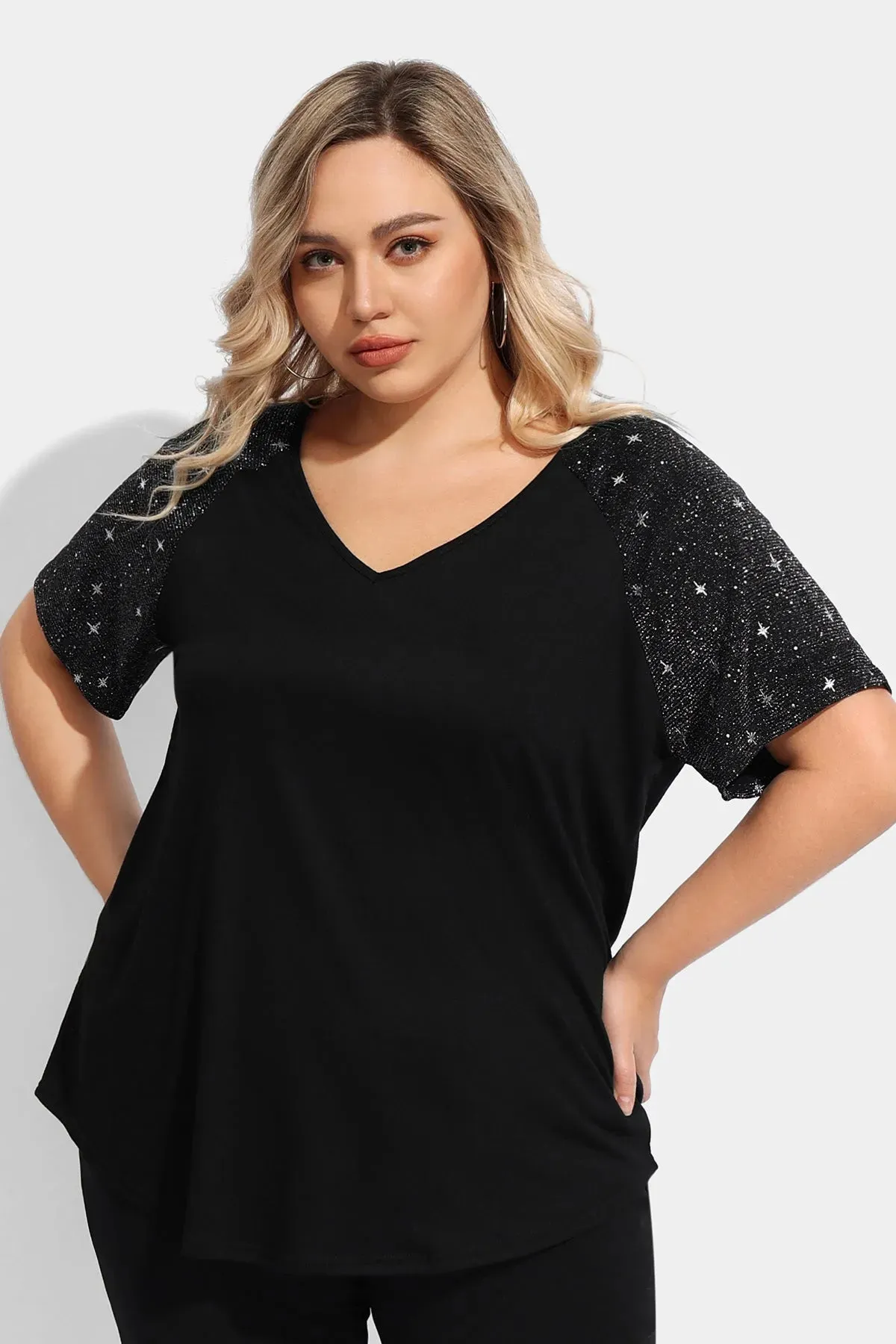 Ritera Sequin Raglan Sleeves V Neck Tunic T-Shirt