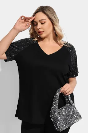 Ritera Sequin Raglan Sleeves V Neck Tunic T-Shirt