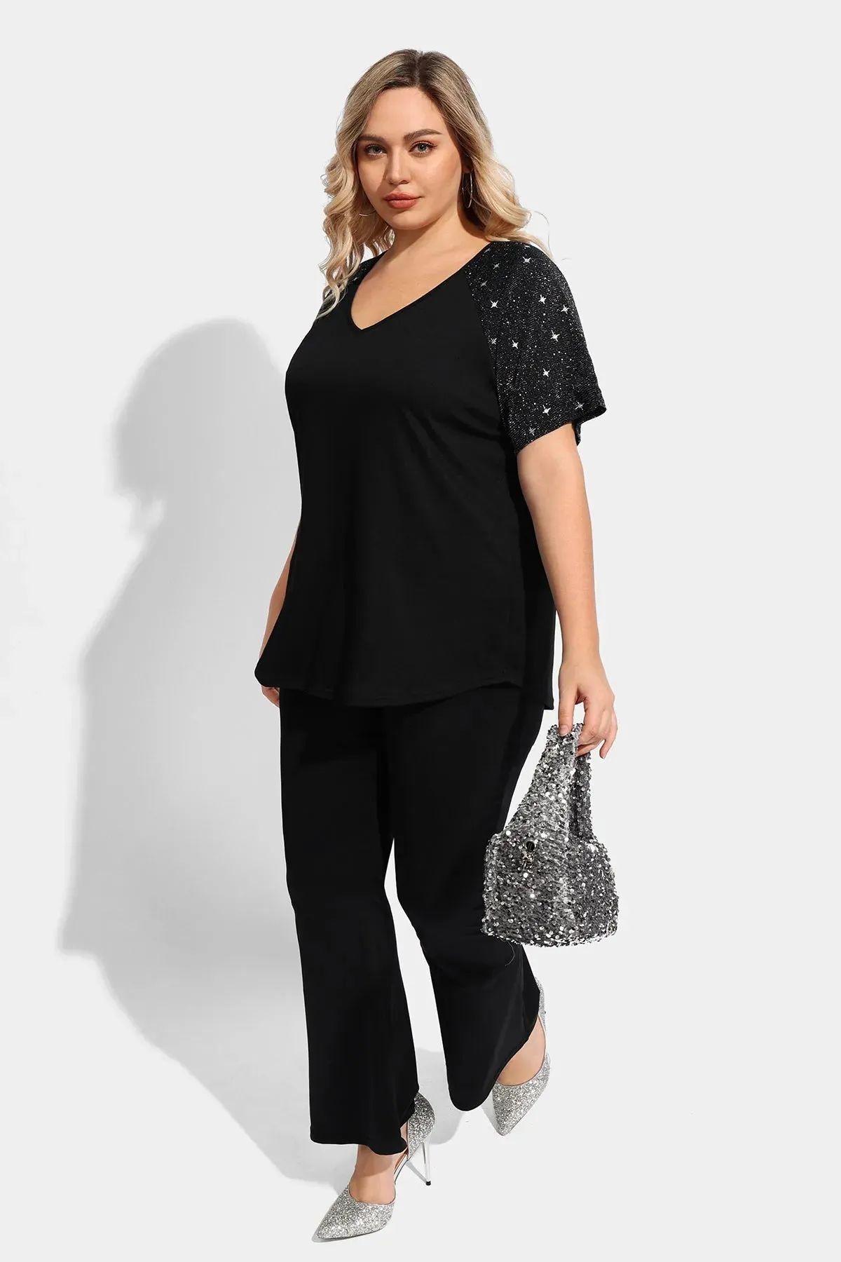 Ritera Sequin Raglan Sleeves V Neck Tunic T-Shirt