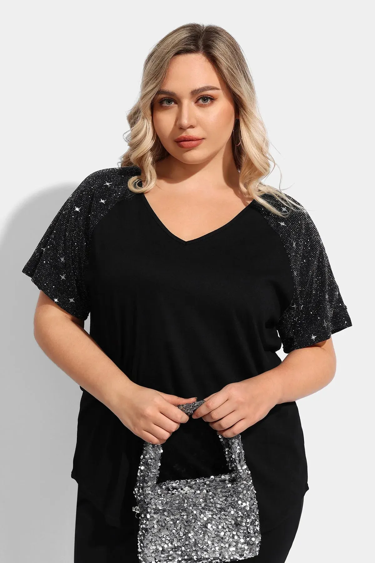 Ritera Sequin Raglan Sleeves V Neck Tunic T-Shirt