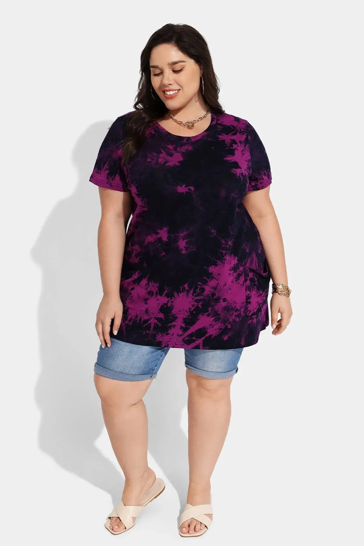 Ritera Tie Dye Contrast Loose Tunic T-Shirt with Pockets