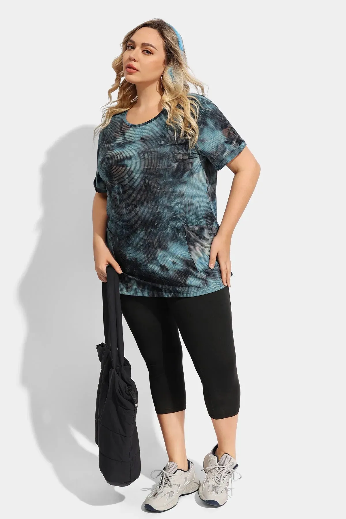 Ritera Tie Dye Texture Crew Neck Pockets Tunic T-Shirt