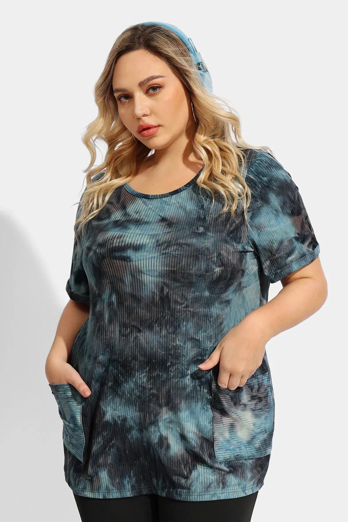 Ritera Tie Dye Texture Crew Neck Pockets Tunic T-Shirt