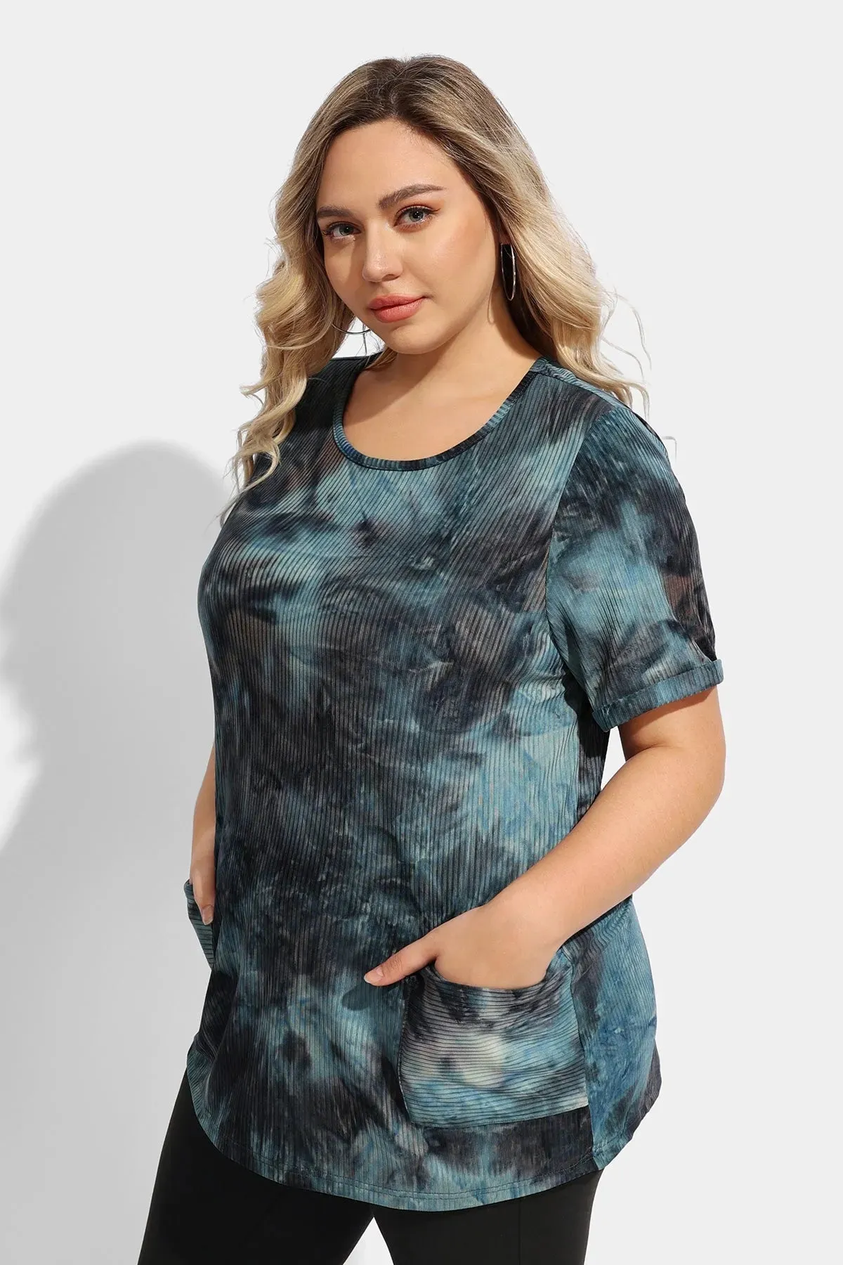 Ritera Tie Dye Texture Crew Neck Pockets Tunic T-Shirt