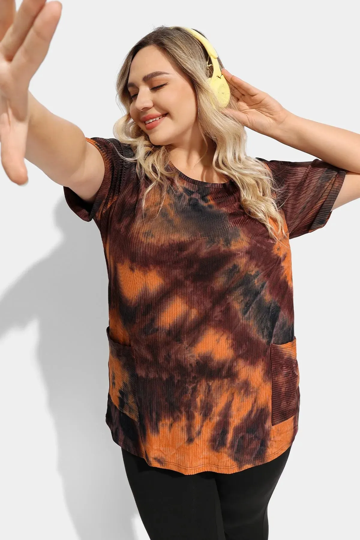 Ritera Tie Dye Texture Crew Neck Tunic T-Shirt with Pockets