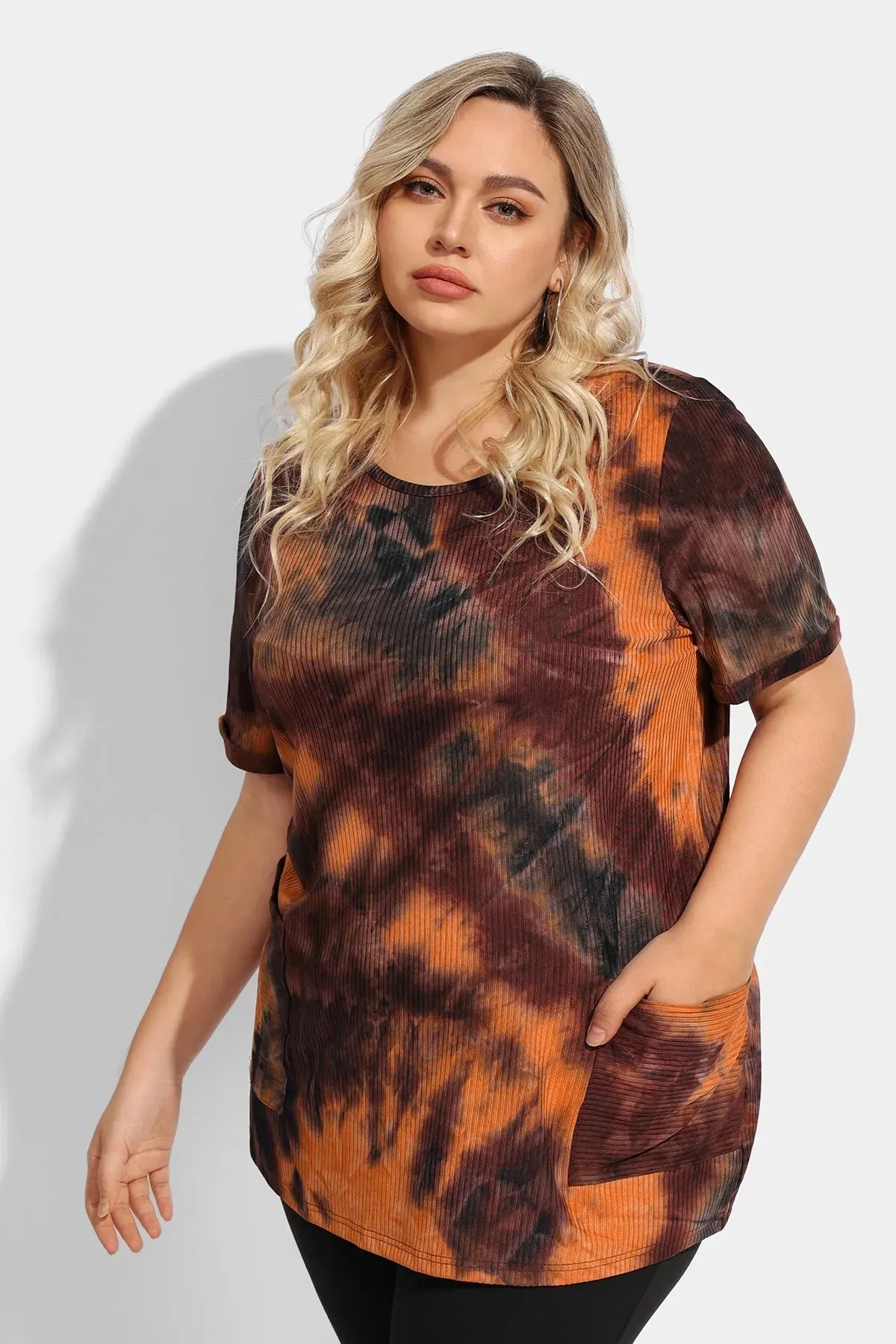 Ritera Tie Dye Texture Crew Neck Tunic T-Shirt with Pockets