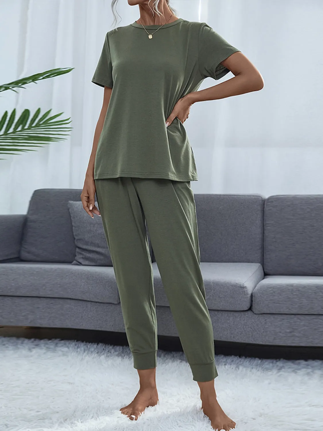 Round Neck Short Sleeve Top and Pants Set