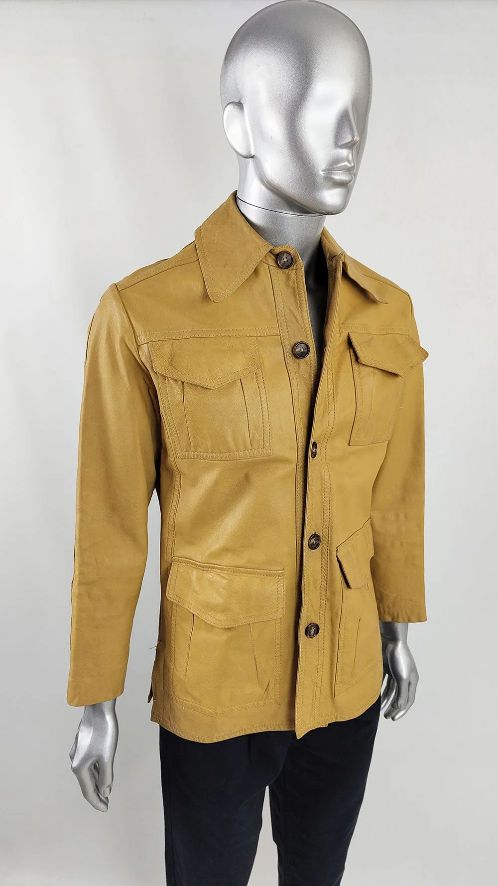 Rugged Vintage 70s Mens Yellow Real Leather Jacket