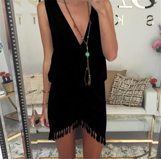 Saenshing Sexy Beach Dress Women Deep V-neck Tassel  Pareo Vestidos Boho 2017 Summer Dresses Woman Female Tunic Casial Sundress