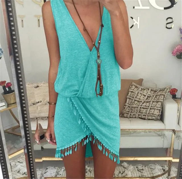 Saenshing Sexy Beach Dress Women Deep V-neck Tassel  Pareo Vestidos Boho 2017 Summer Dresses Woman Female Tunic Casial Sundress