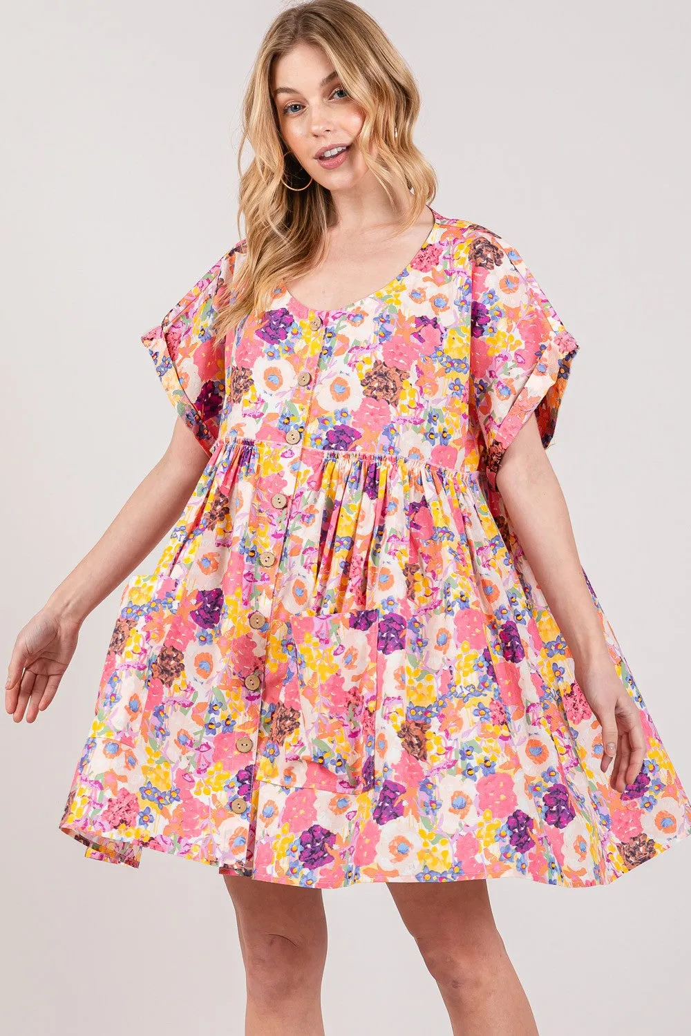 SAGE   FIG Floral Short Sleeve Babydoll Dress with Pockets