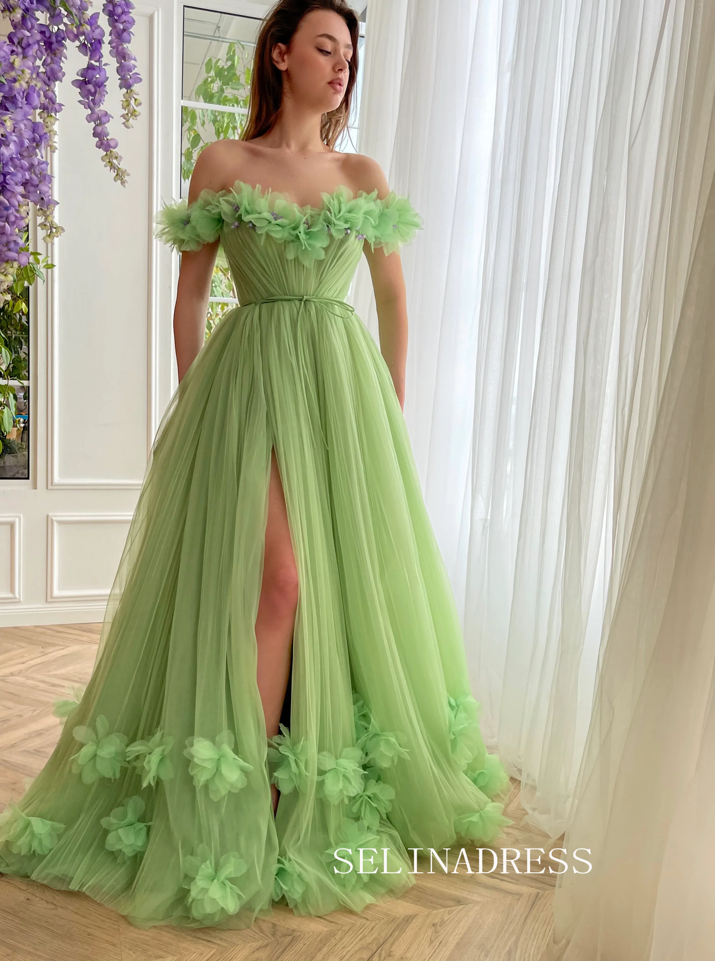 Sage Off-the-shoulder Long Prom Dress Off-the-shoulder Evening Dress With Slit EWR311