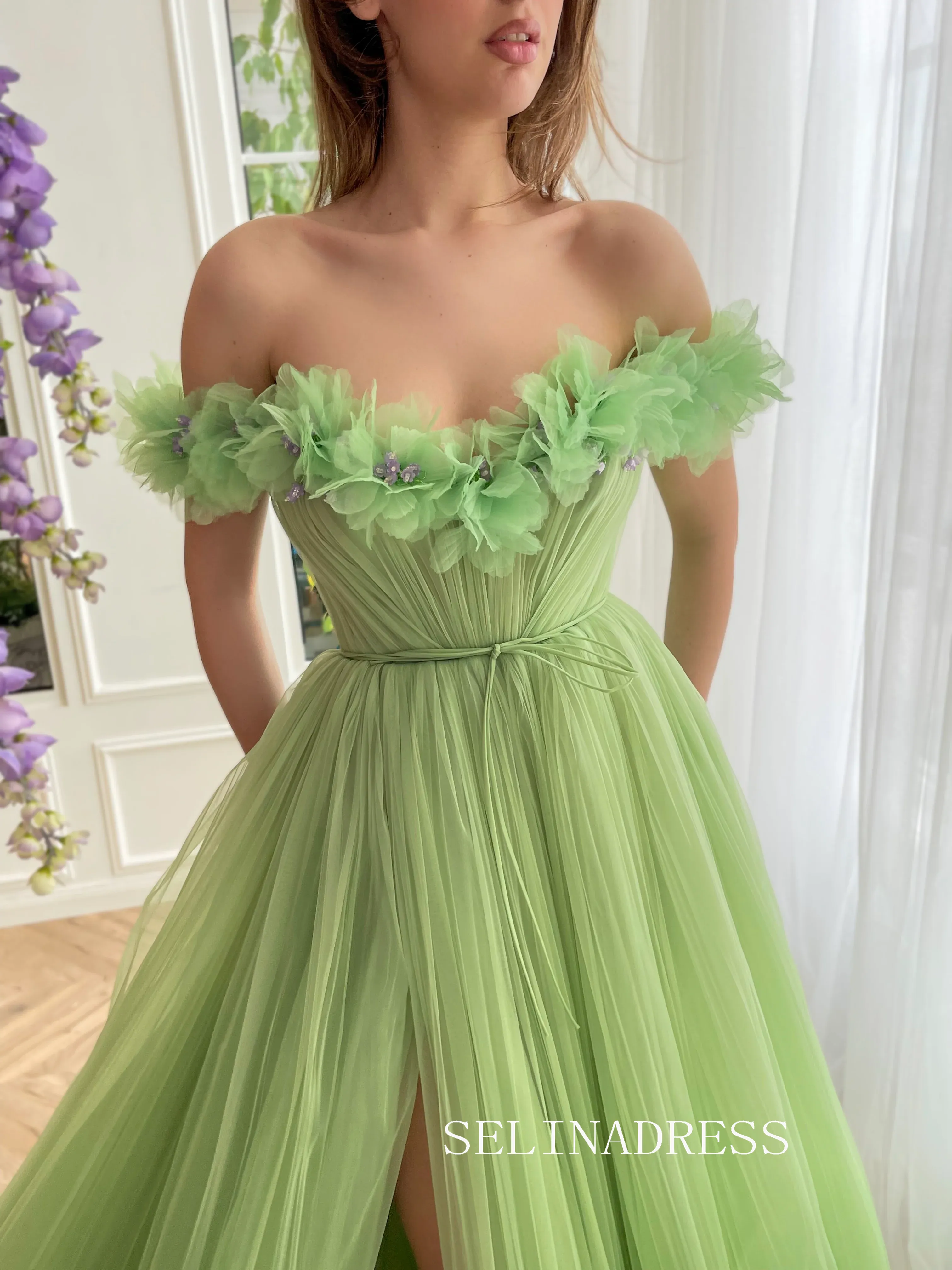 Sage Off-the-shoulder Long Prom Dress Off-the-shoulder Evening Dress With Slit EWR311